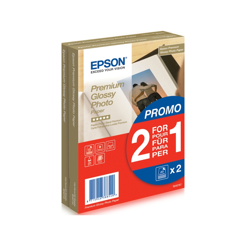 Epson Premium Glossy Photo Pack de 80 Hojas de Papel Fotografico - 10x15cm - Gramaje de 255g/m2 - Acabado Brillante - Compatible