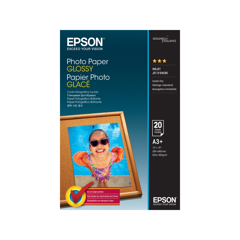 Epson Photo Glossy Pack de 20 Hojas de Papel Fotografico - A3+ - Gramaje de 200g/m2 - Acabado Brillante - Compatible con Impreso