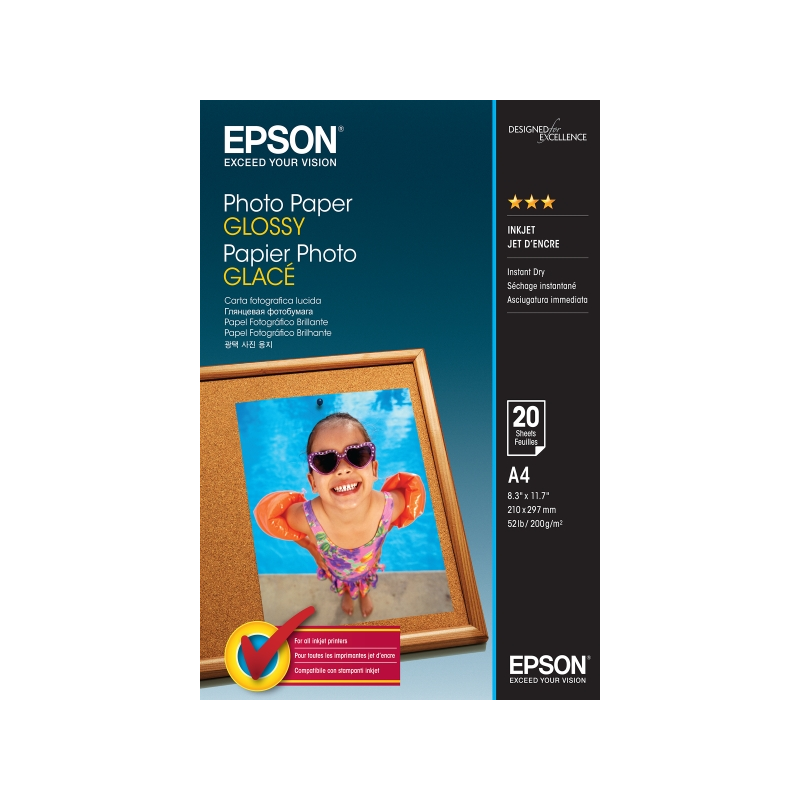 Epson Photo Glossy Pack de 20 Hojas de Papel Fotografico - A4 - Gramaje de 200g/m2 - Acabado Brillante - Compatible con Impresor
