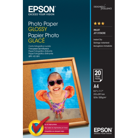 Epson Photo Glossy Pack de 20 Hojas de Papel Fotografico - A4 - Gramaje de 200g/m2 - Acabado Brillante - Compatible con Impresor