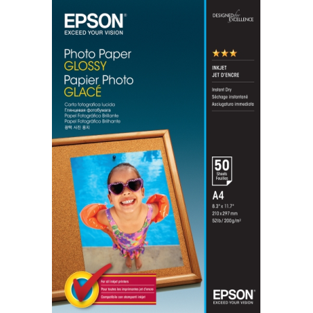 Epson Photo Glossy Pack de 50 Hojas de Papel Fotografico - A4 - Gramaje de 200g/m2 - Acabado Brillante - Compatible con Impresor
