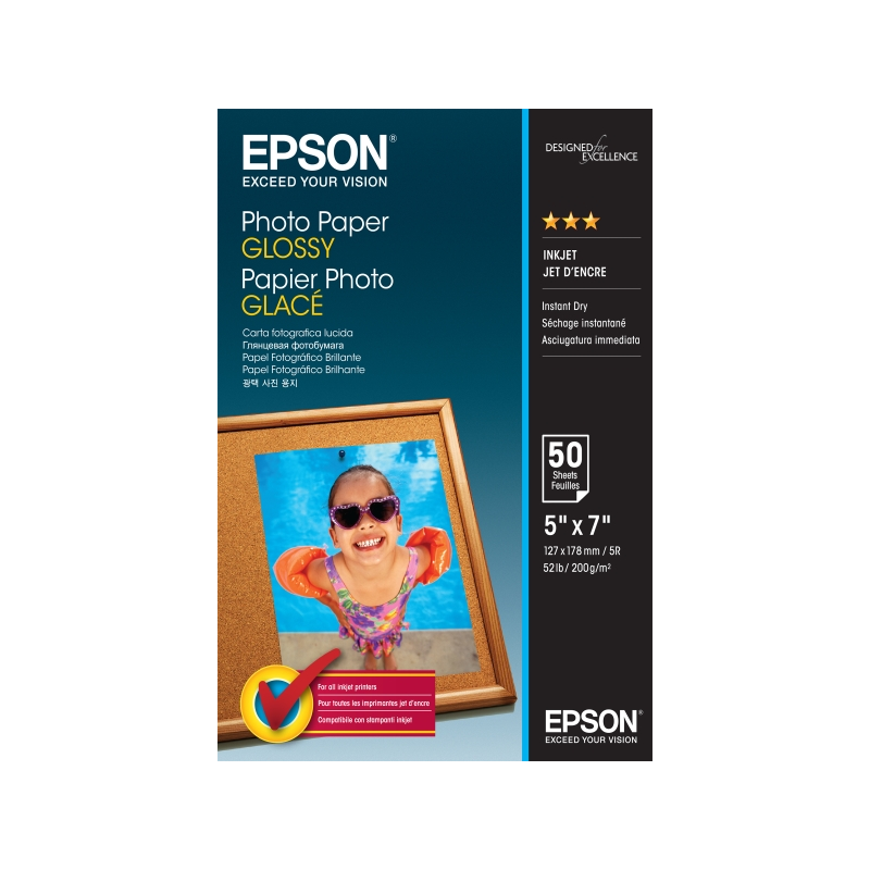 Epson Photo Glossy Pack de 50 Hojas de Papel Fotografico - 13x18cm - Gramaje de 200g/m2 - Acabado Brillante - Compatible con Imp