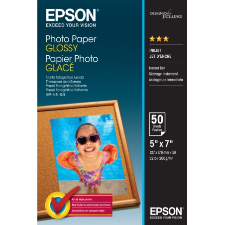 Epson Photo Glossy Pack de 50 Hojas de Papel Fotografico - 13x18cm - Gramaje de 200g/m2 - Acabado Brillante - Compatible con Imp