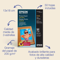 Epson Photo Glossy Pack de 50 Hojas de Papel Fotografico - 13x18cm - Gramaje de 200g/m2 - Acabado Brillante - Compatible con Imp