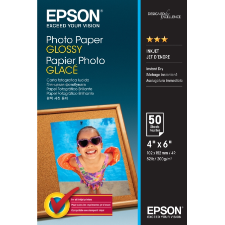 Epson Photo Glossy Pack de 50 Hojas de Papel Fotografico - 10x15cm - Gramaje de 200g/m2 - Acabado Brillante - Compatible con Imp