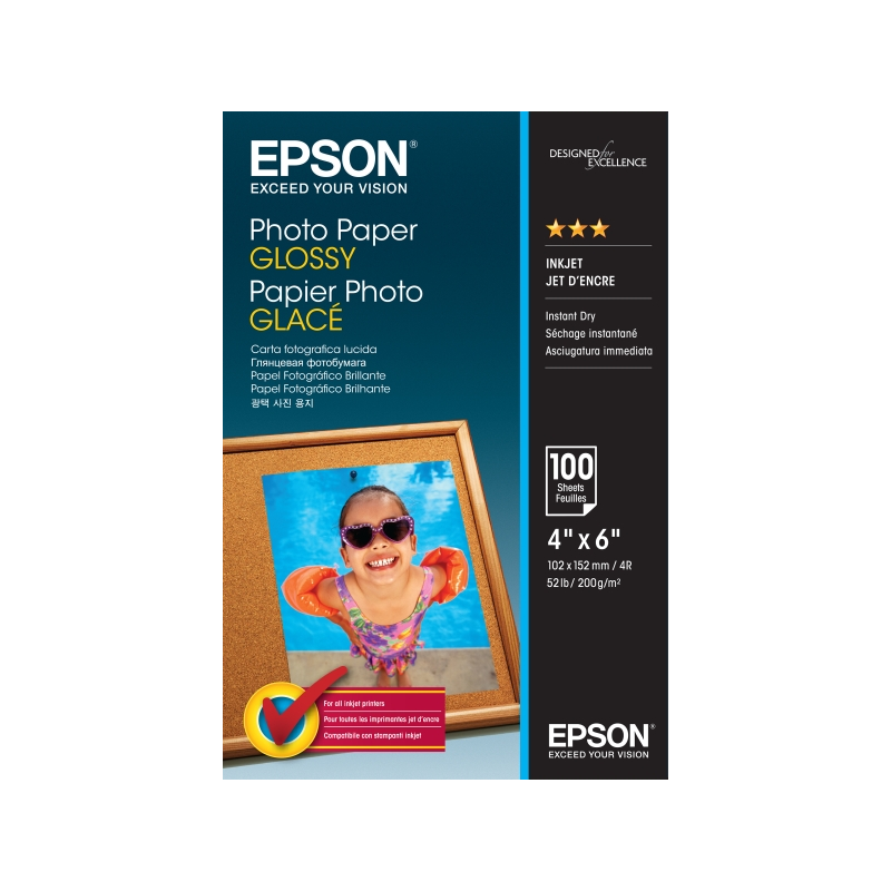 Epson Photo Glossy Pack de 100 Hojas de Papel Fotografico - 10x15cm - Gramaje de 200g/m2 - Acabado Brillante - Compatible con Im