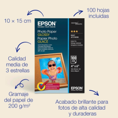 Epson Photo Glossy Pack de 100 Hojas de Papel Fotografico - 10x15cm - Gramaje de 200g/m2 - Acabado Brillante - Compatible con Im