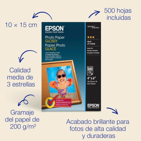 Epson Photo Glossy Pack de 500 Hojas de Papel Fotografico - 10x15cm - Gramaje de 200g/m2 - Acabado Brillante - Compatible con Im