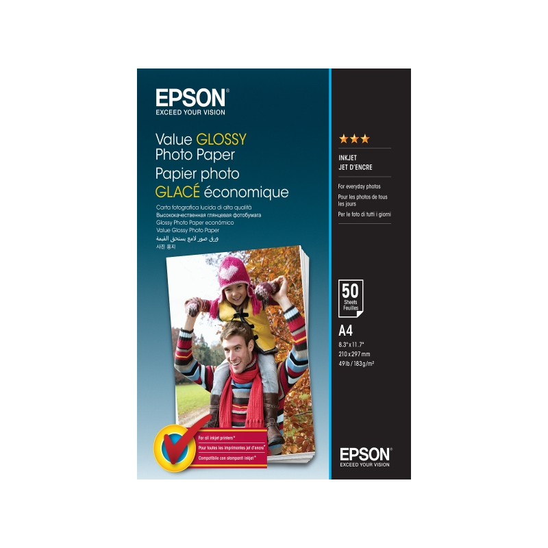 Epson Value Glossy Photo Pack de 50 Hojas de Papel Fotografico - A4 - Gramaje de 183g/m2 - Acabado Brillante - Compatible con Im