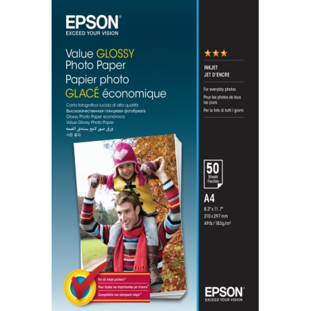 Epson Value Glossy Photo Pack de 50 Hojas de Papel Fotografico - A4 - Gramaje de 183g/m2 - Acabado Brillante - Compatible con Im