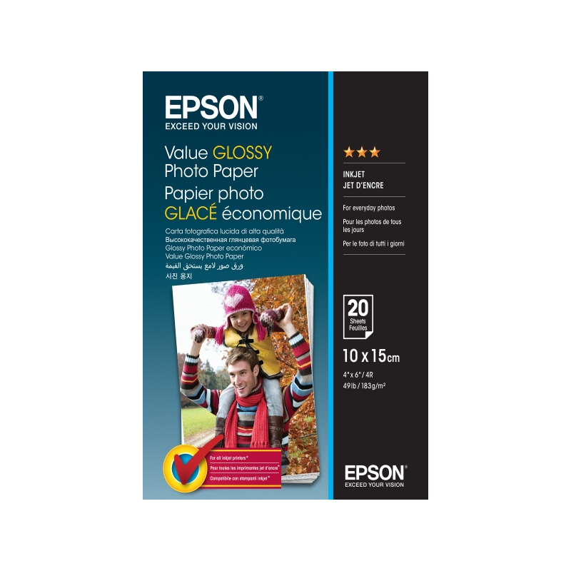 Epson Value Glossy Photo Pack de 20 Hojas de Papel Fotografico - 10x15cm - Gramaje de 183g/m2 - Acabado Brillante - Compatible c
