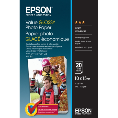 Epson Value Glossy Photo Pack de 20 Hojas de Papel Fotografico - 10x15cm - Gramaje de 183g/m2 - Acabado Brillante - Compatible c