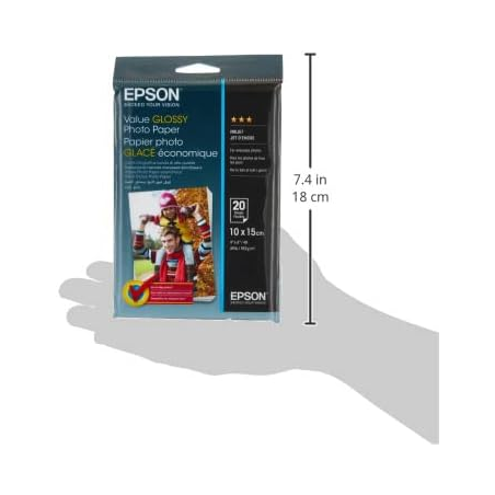 Epson Value Glossy Photo Pack de 20 Hojas de Papel Fotografico - 10x15cm - Gramaje de 183g/m2 - Acabado Brillante - Compatible c