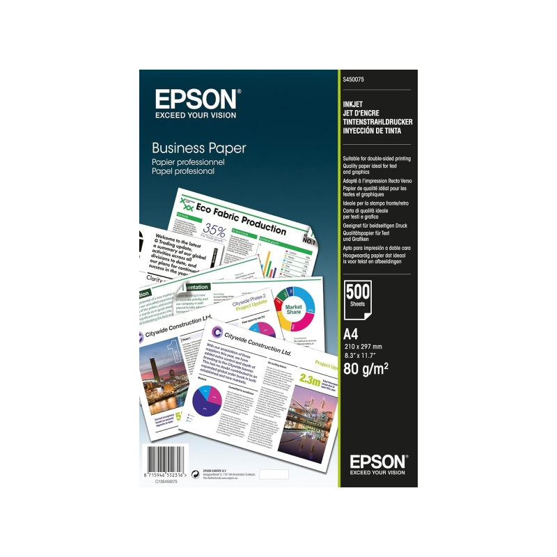 Epson Business Inkjet Papel A4 - 500 Hojas - Gramaje de 80g/m2 - Apto para Impresion a Doble Cara - Color Blanco