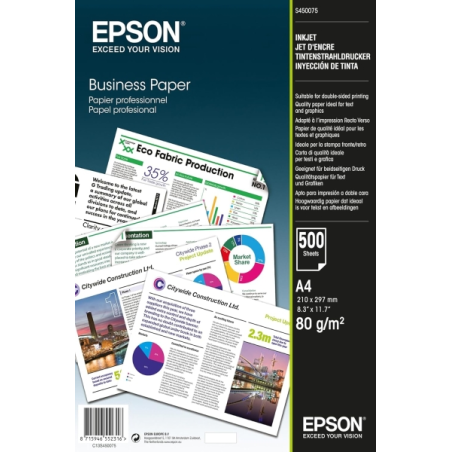Epson Business Inkjet Papel A4 - 500 Hojas - Gramaje de 80g/m2 - Apto para Impresion a Doble Cara - Color Blanco