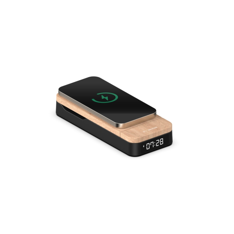 Réveil pliable 3 en 1 Thomson - Chargeur à induction compatible Android et Apple - Chargeur USB-C - Luminosité réglable - Bois e