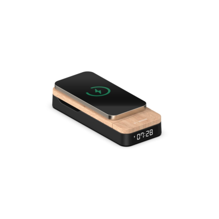 Réveil pliable 3 en 1 Thomson - Chargeur à induction compatible Android et Apple - Chargeur USB-C - Luminosité réglable - Bois e