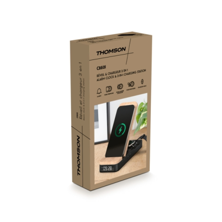 Réveil pliable 3 en 1 Thomson - Chargeur à induction compatible Android et Apple - Chargeur USB-C - Luminosité réglable - Bois e
