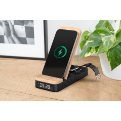 Réveil pliable 3 en 1 Thomson - Chargeur à induction compatible Android et Apple - Chargeur USB-C - Luminosité réglable - Bois e