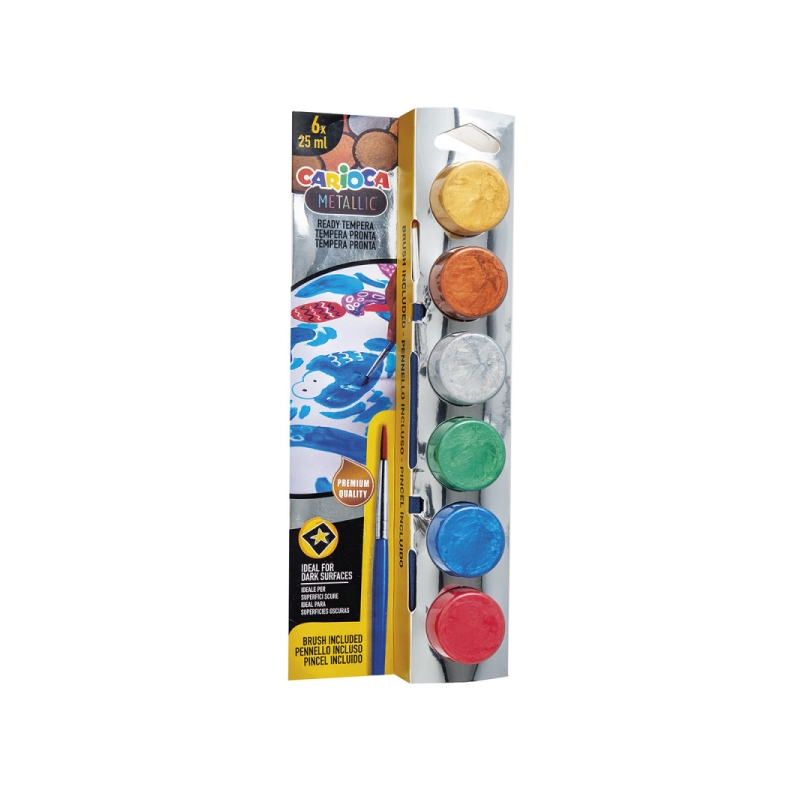 Pack de 6 peintures à la détrempe Carioca Metallic en flacons de 25 ml + pinceau - Super lavables - Miscibles - Couleurs métalli