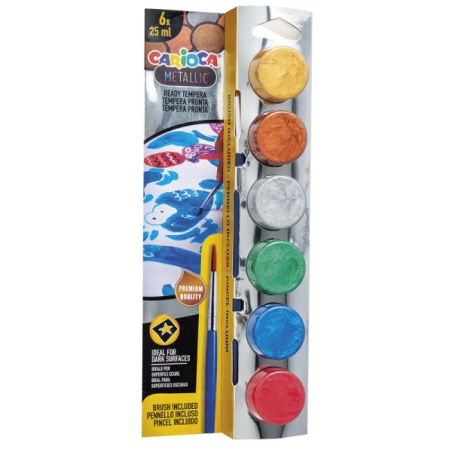 Pack de 6 peintures à la détrempe Carioca Metallic en flacons de 25 ml + pinceau - Super lavables - Miscibles - Couleurs métalli