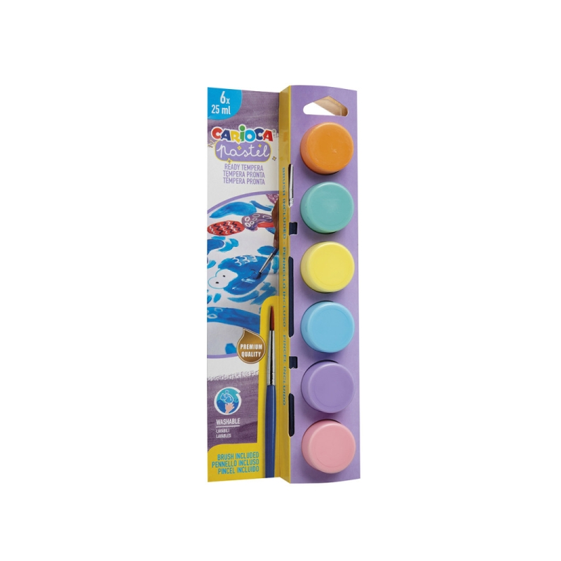 Pack de 6 peintures à la détrempe Carioca Pastel en flacons de 25 ml + pinceau - Super lavables - Miscibles - Couleurs pastel as