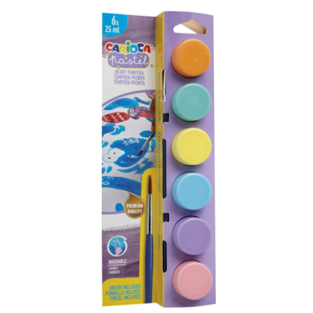 Pack de 6 peintures à la détrempe Carioca Pastel en flacons de 25 ml + pinceau - Super lavables - Miscibles - Couleurs pastel as