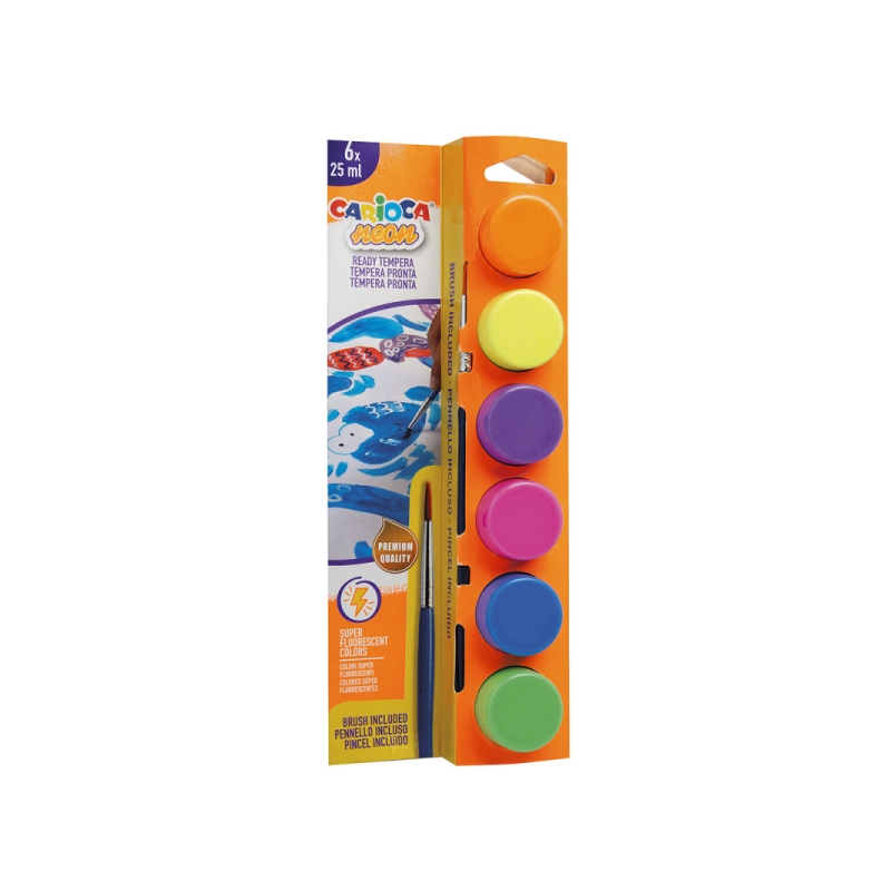 Pack de 6 peintures Tempera Carioca Neon en flacons de 25 ml + pinceau - Super lavables - Miscibles - Couleurs néon assorties