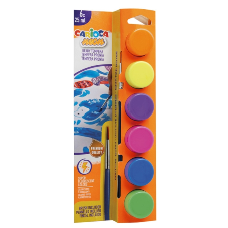Pack de 6 peintures Tempera Carioca Neon en flacons de 25 ml + pinceau - Super lavables - Miscibles - Couleurs néon assorties