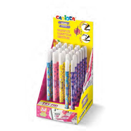 Carioca Memo Erase 2 en 1 Expositor con 25 Rotuladores +2 para Probar - Una Punta Subraya y la otra Borra el Color - Colores Sur
