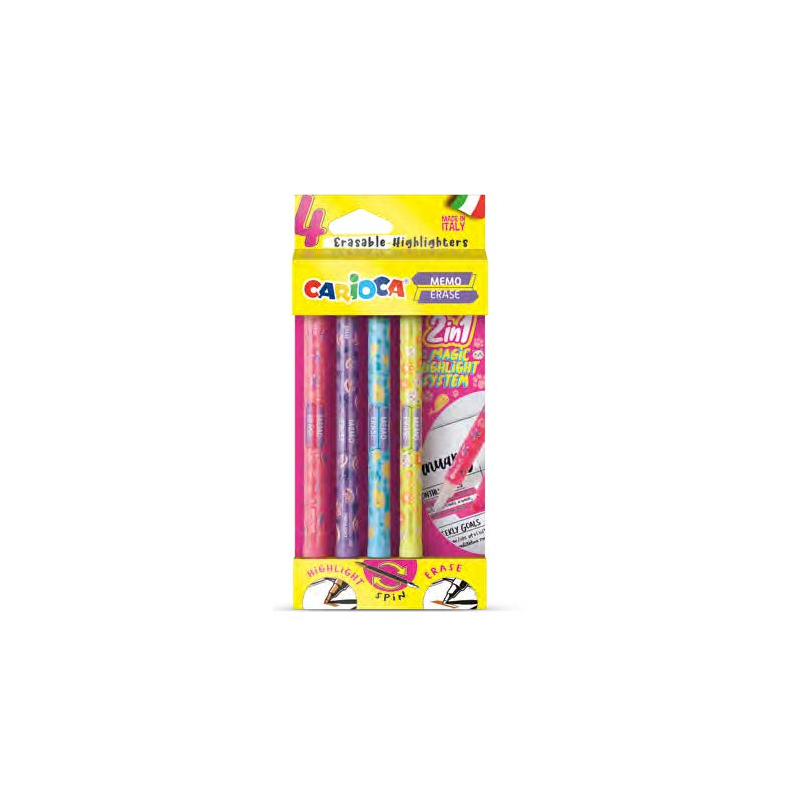Carioca Memo Erase 2 en 1 Pack con 4 Rotuladores - Una Punta Subraya y la otra Borra el Color - Colores Surtidos