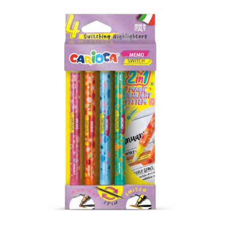 Carioca Memo Switch 2 en 1 Pack con 4 Rotuladores - Una Punta Subraya y la otra Cambia de Color - Colores Surtidos