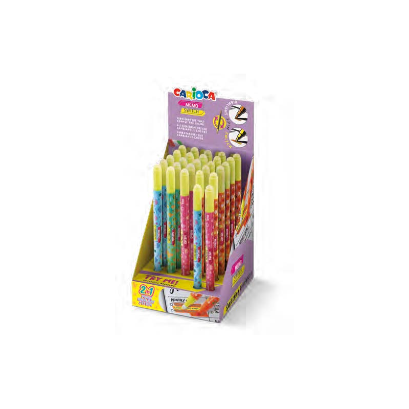 Carioca Memo Switch 2 en 1 Expositor con 25 Rotuladores + 2 para Probar - Una Punta Subraya y la otra Cambia de Color - Colores