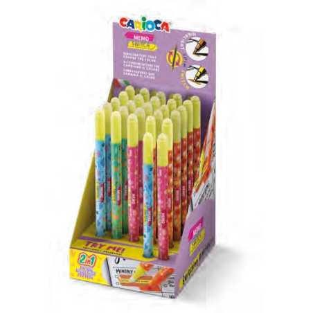 Carioca Memo Switch 2 en 1 Expositor con 25 Rotuladores + 2 para Probar - Una Punta Subraya y la otra Cambia de Color - Colores