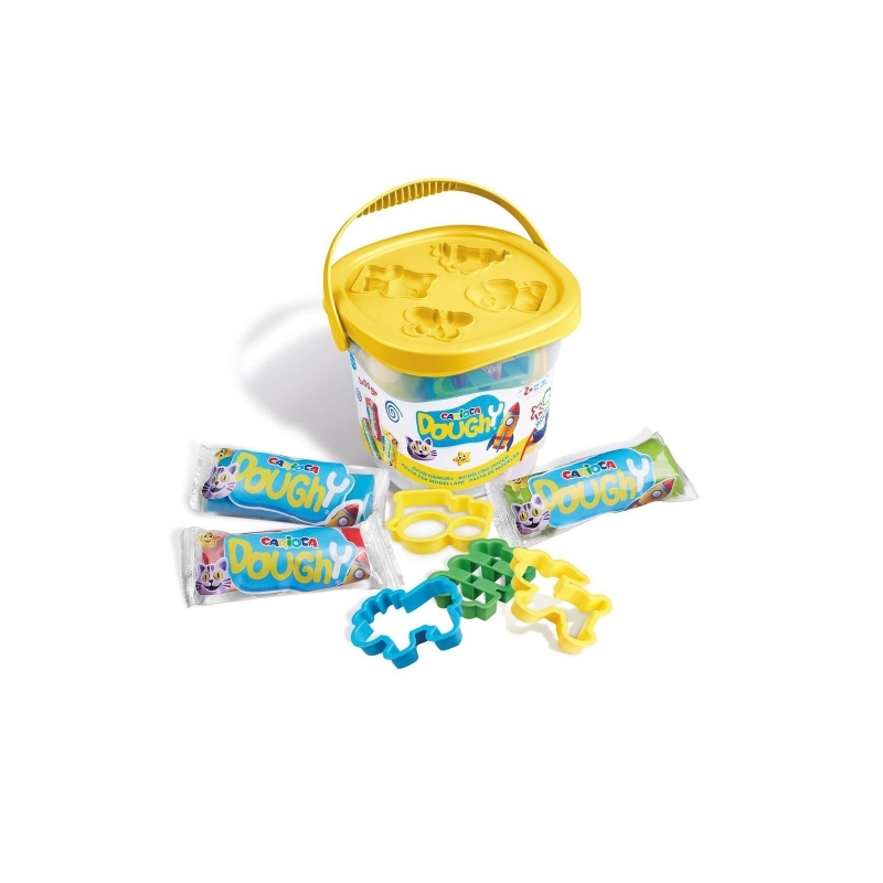 Carioca Doughy Cubo con 3 Paquetes de Pasta de Modelar 50gr + 4 Moldes - Blanda y Flexible - Facil de Amasar y Moldear - Ideal p