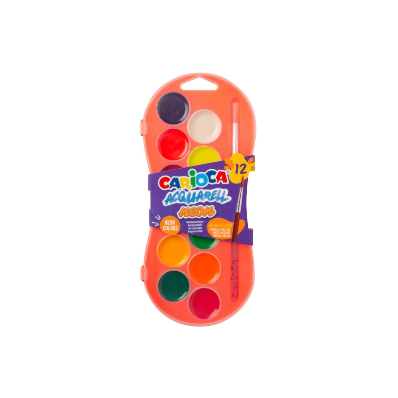 Carioca Acuarell Neon Pack de 12 aquarelles en godets de 30 mm - Lumineuses - Facilement miscibles - Couleurs néon assorties