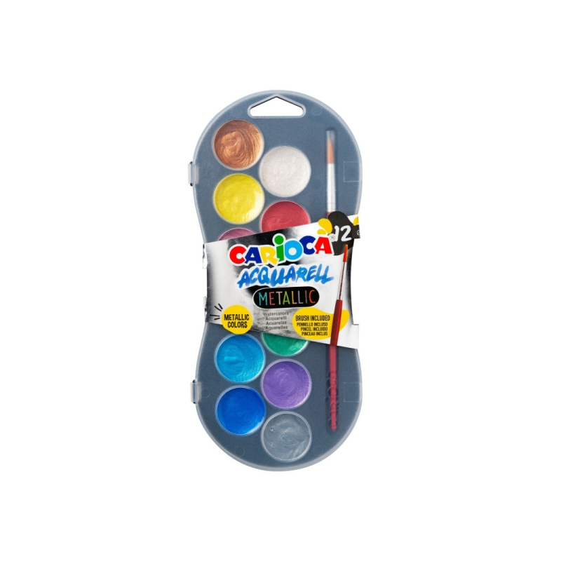 Carioca Acuarell Metallic Pack de 12 aquarelles en godets de 30 mm - Lumineuses - Facilement miscibles - Couleurs métalliques as