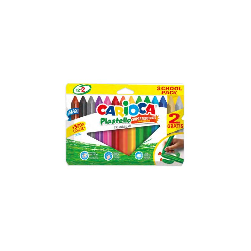 Carioca Plastello Maxi Pack de 12+2 Plasticeras Triangulares - Brillantes y Lavables - Colores Surtidos