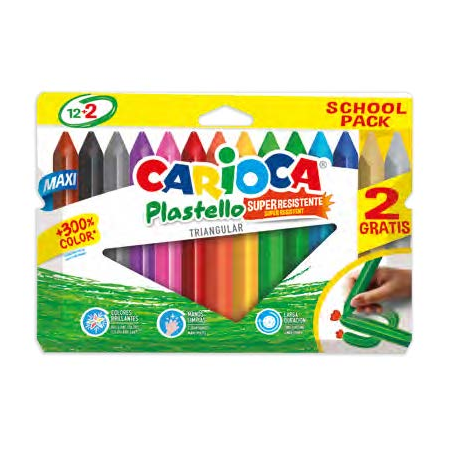 Carioca Plastello Maxi Pack de 12+2 Plasticeras Triangulares - Brillantes y Lavables - Colores Surtidos