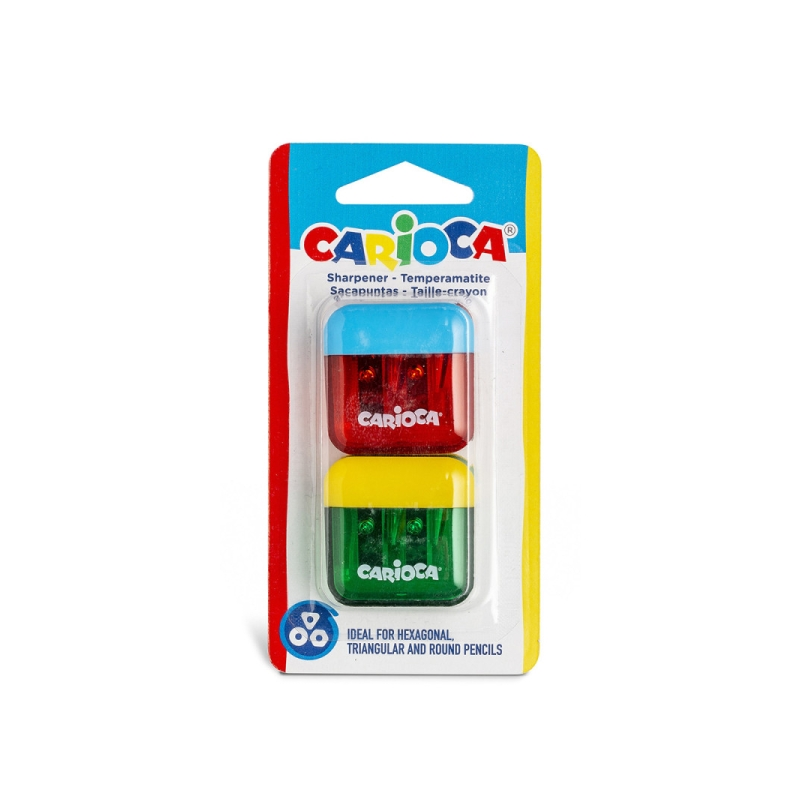 Lot de 2 mini-aiguiseurs Carioca à 2 trous avec récipient - Capuchon de sécurité sur la lame - Couleurs aléatoires assorties