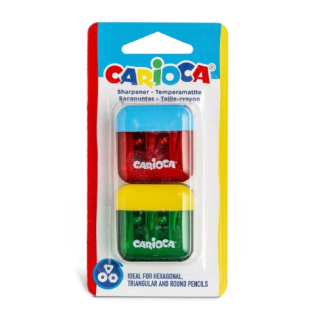 Lot de 2 mini-aiguiseurs Carioca à 2 trous avec récipient - Capuchon de sécurité sur la lame - Couleurs aléatoires assorties