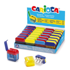 Vitrine Carioca avec 24 mini-aiguiseurs à 2 trous et récipient - Capuchon de sécurité sur la lame - Couleurs aléatoires assortie