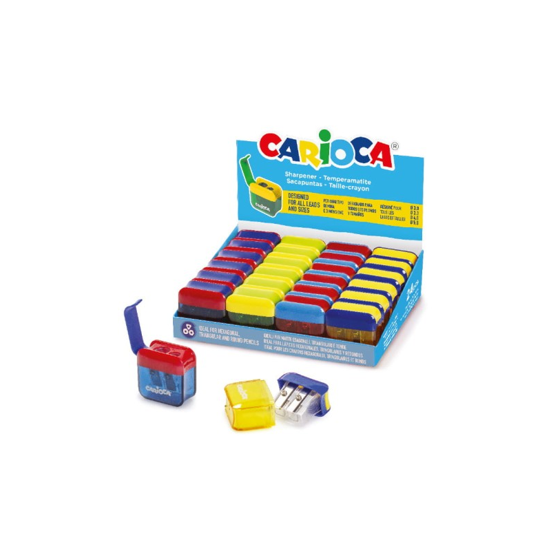 Vitrine Carioca avec 24 mini-aiguiseurs à 2 trous et récipient - Capuchon de sécurité sur la lame - Couleurs aléatoires assortie