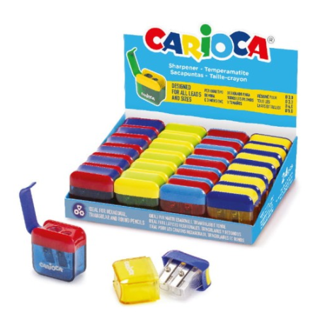 Vitrine Carioca avec 24 mini-aiguiseurs à 2 trous et récipient - Capuchon de sécurité sur la lame - Couleurs aléatoires assortie