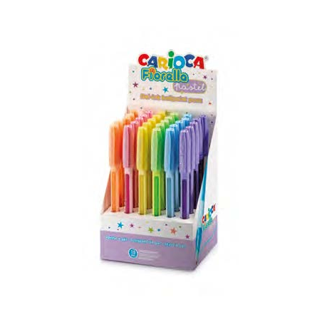 Présentoir Carioca Fiorella avec 30 stylos à encre gel colorés - Pointe bille 1 mm - Corps transparent pastel - Couleurs pastel