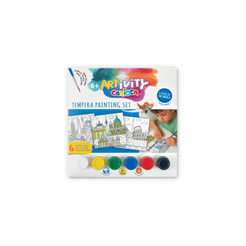 Carioca Artivity Cities of the World Vol. 1 Pack con 6 Laminas para Pintar + 6 Botes de Tempera + Pincel