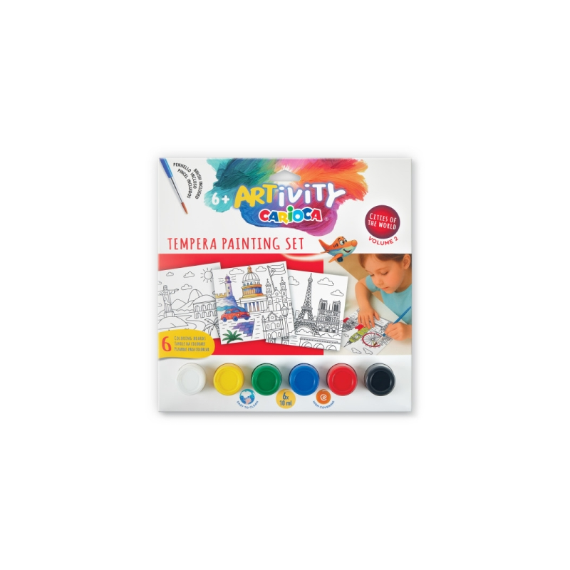 Carioca Artivity Cities of the World Vol. 2 Pack con 6 Laminas para Pintar + 6 Botes de Tempera + Pincel