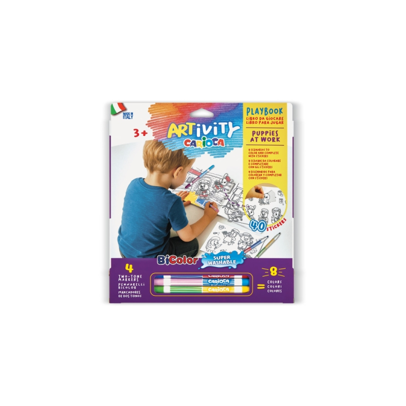 Carioca Artivity Rotuladores Libro con 40 Pegatinas para Colorear + 4 Rotuladores Bicolor - 8 Escenarios para Colorear