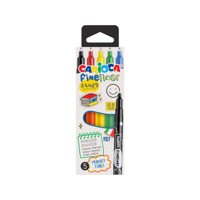 Lot de 5 marqueurs Carioca Fineliner Study - Pointe acétal blanche 0,5 mm - Couleurs assorties