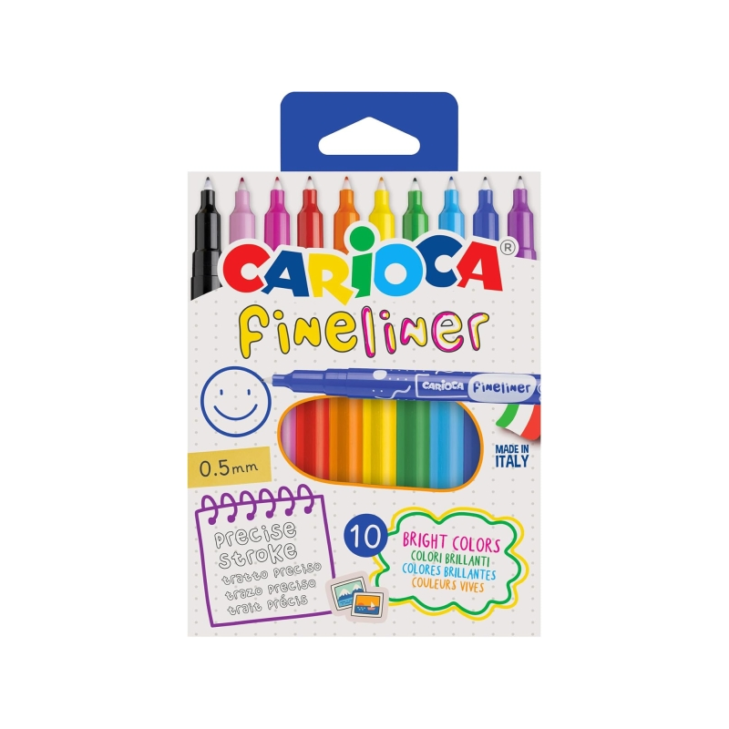 Lot de 10 feutres Carioca Fineliner - Pointe acétal blanche 0,5 mm - Couleurs assorties